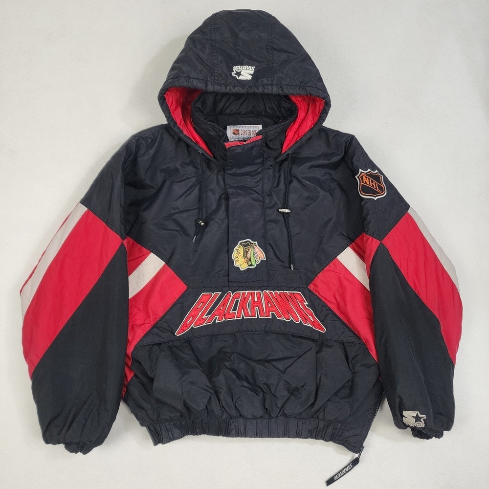 Vintage Starter Chicago Blackhawks Windbreaker Jacket Mens Large Black Red NHL